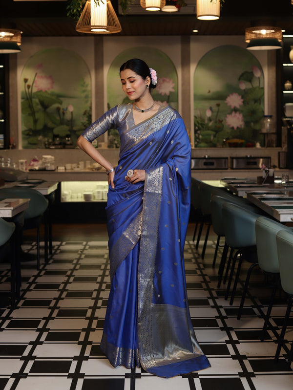 Banarasee Handloom Dual Shade Semi Silk Saree With Zari Buti Work & Border-Blue