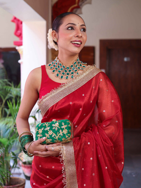Banarasee Handwoven Tissue Saree With Zari Buti Design & Lace-Red