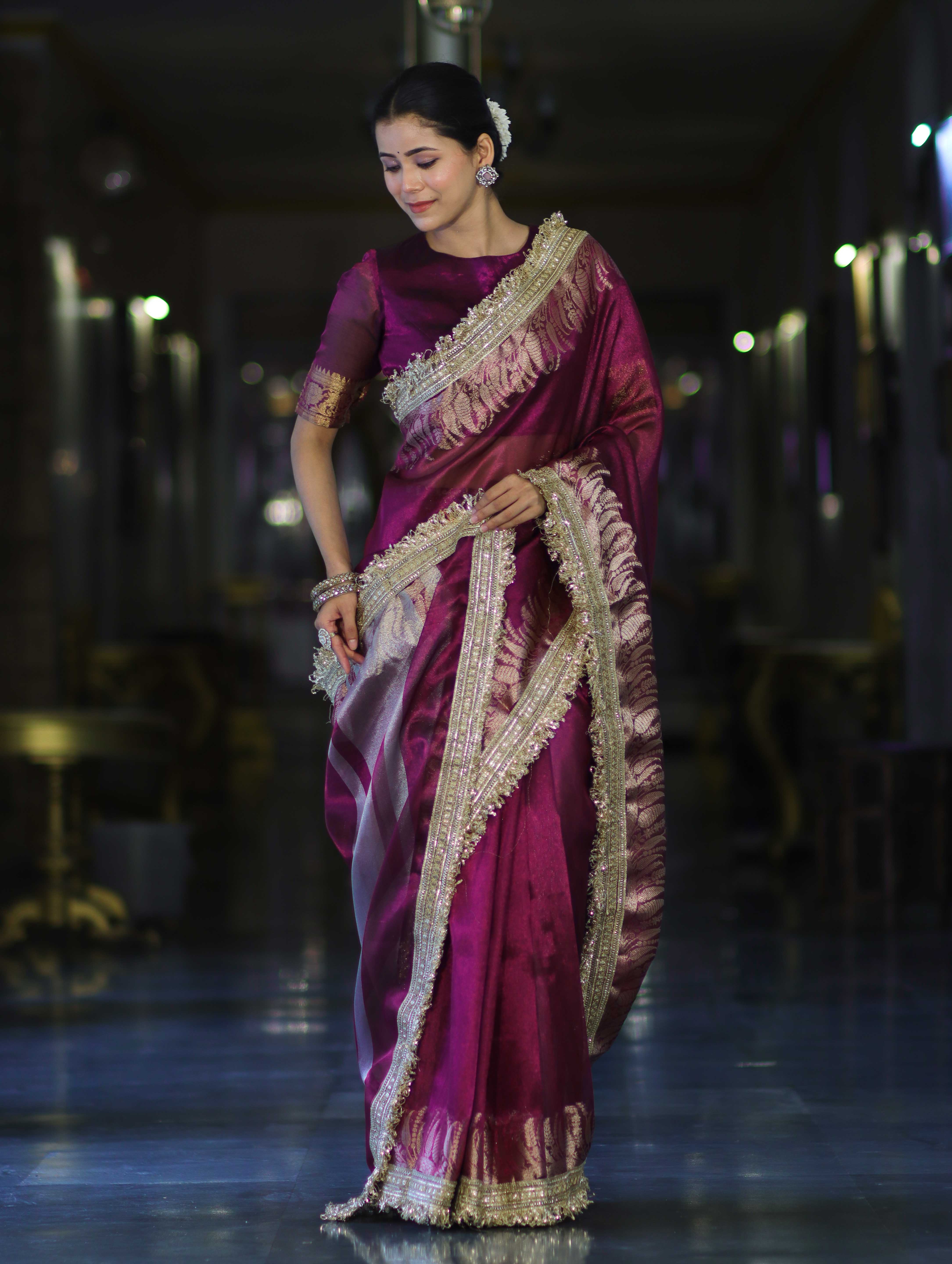 Banarasee Handloom Plain Tissue Saree With Zari Border & Lace-Purple