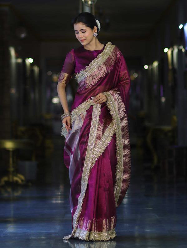 Banarasee Handloom Plain Tissue Saree With Zari Border & Lace-Purple