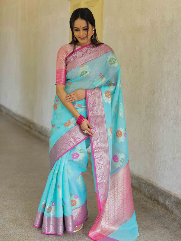 Banarasee Kota Checks Saree With Floral Buta & Border Design-Blue & Pink