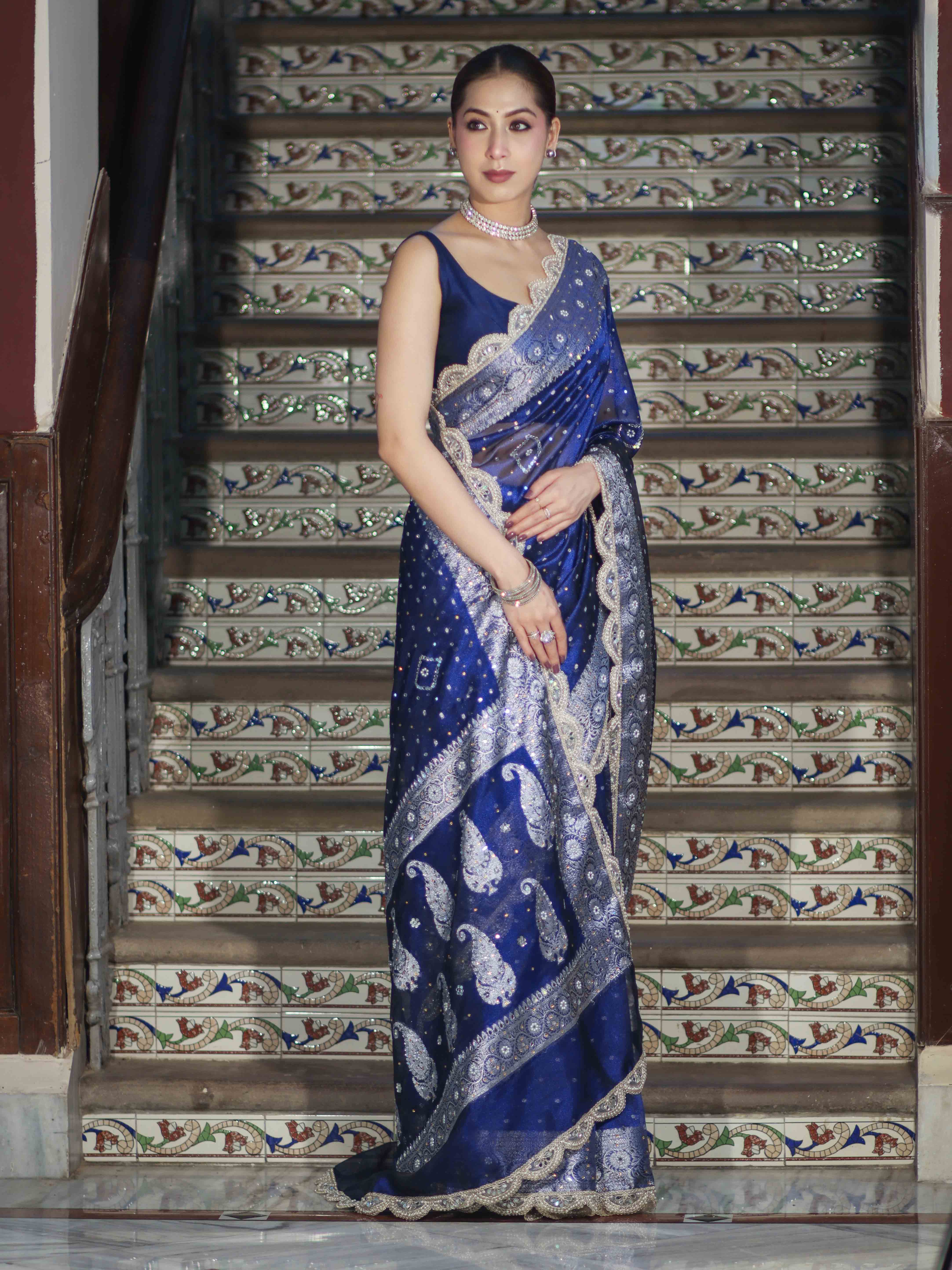 Banarasee Tissue Hand Embroidered Mirror Work Saree With Pearl Motifs & Swarovski Work-Blue