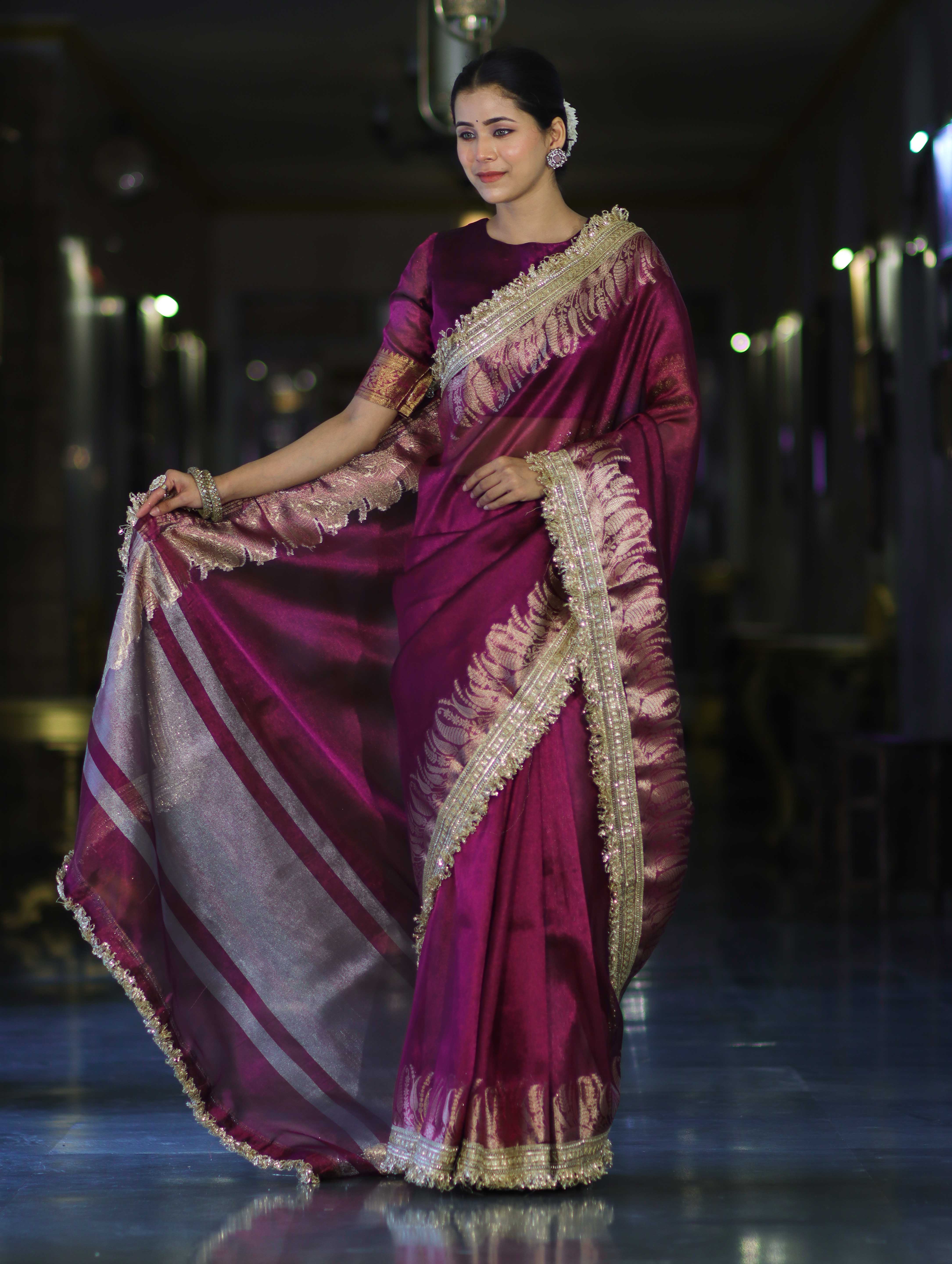 Banarasee Handloom Plain Tissue Saree With Zari Border & Lace-Purple