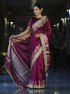 Banarasee Handloom Plain Tissue Saree With Zari Border & Lace-Purple