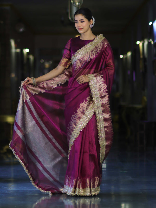 Banarasee Handloom Plain Tissue Saree With Zari Border & Lace-Purple