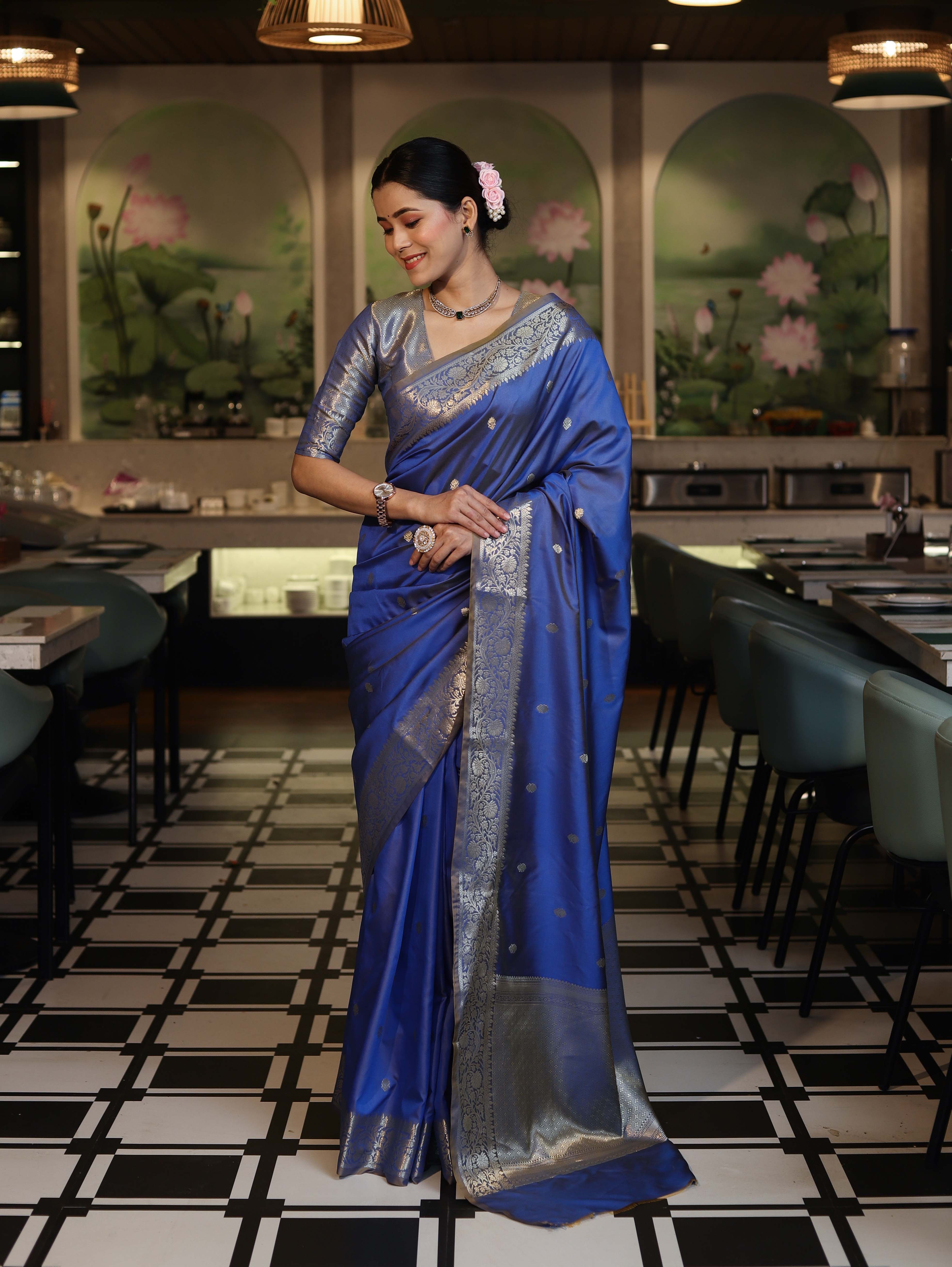 Banarasee Handloom Dual Shade Semi Silk Saree With Zari Buti Work & Border-Blue