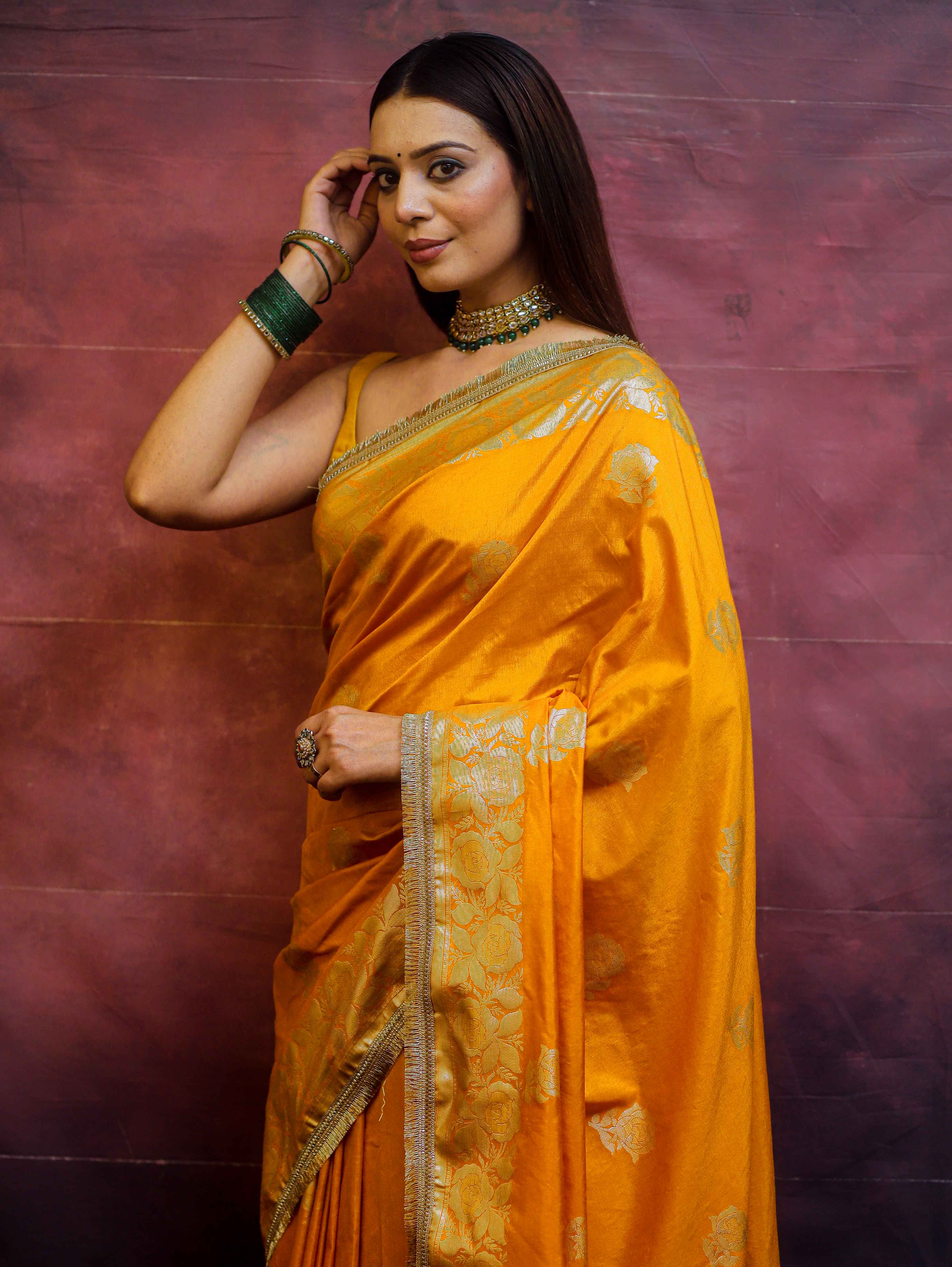Banarasee Handwoven Semi Silk Saree With Zari Border & Lace-Mustard Yellow