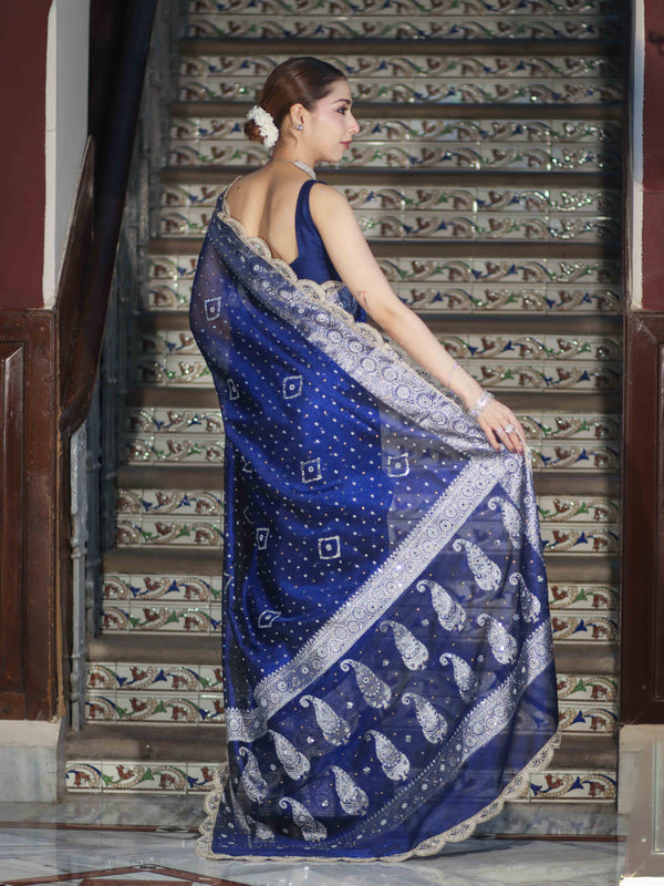 Banarasee Tissue Hand Embroidered Mirror Work Saree With Pearl Motifs & Swarovski Work-Blue