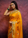 Banarasee Handwoven Semi Silk Saree With Zari Border & Lace-Mustard Yellow
