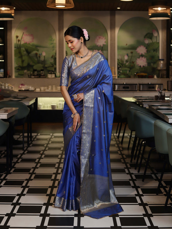 Banarasee Handloom Dual Shade Semi Silk Saree With Zari Buti Work & Border-Blue