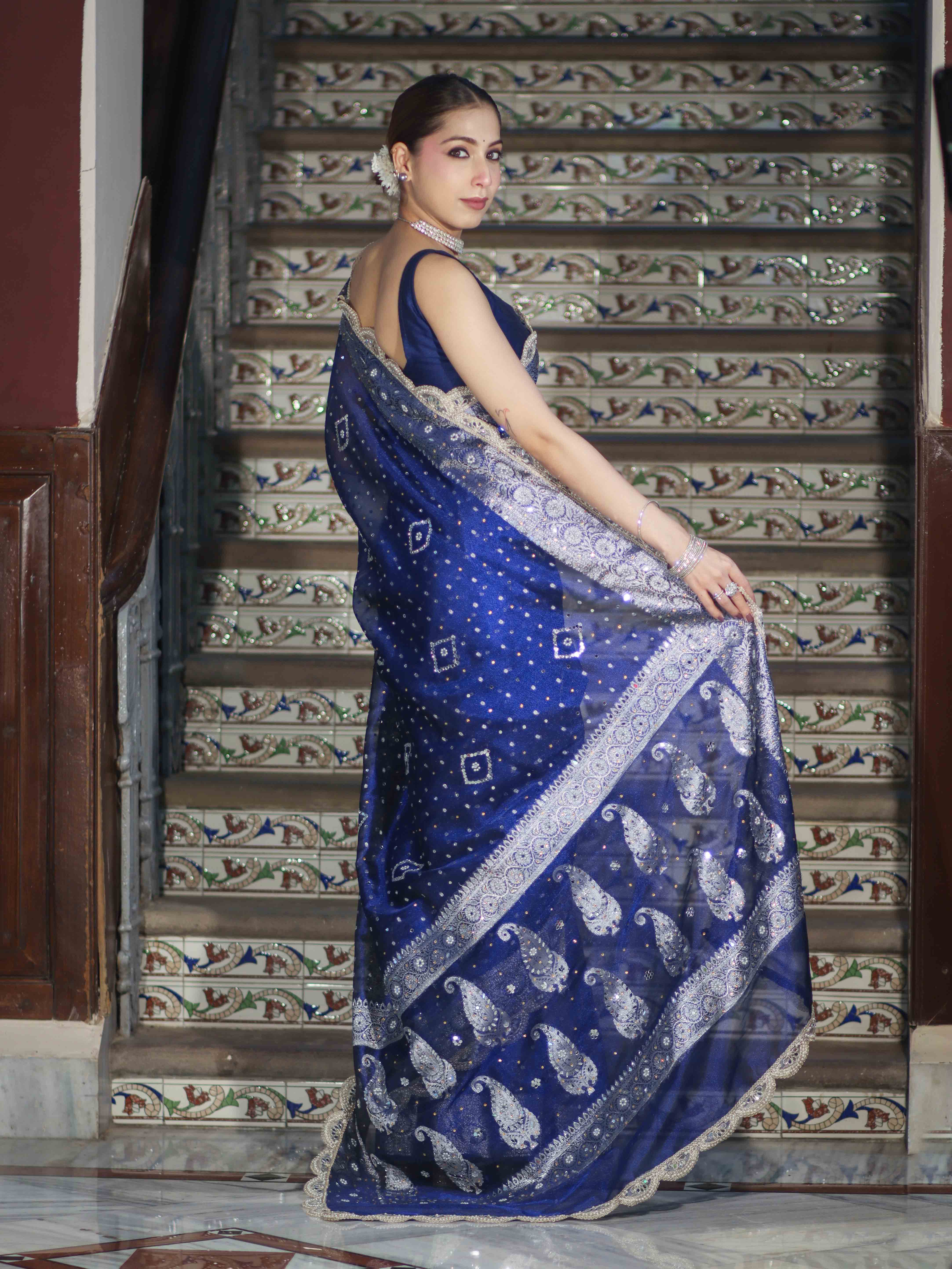 Banarasee Tissue Hand Embroidered Mirror Work Saree With Pearl Motifs & Swarovski Work-Blue