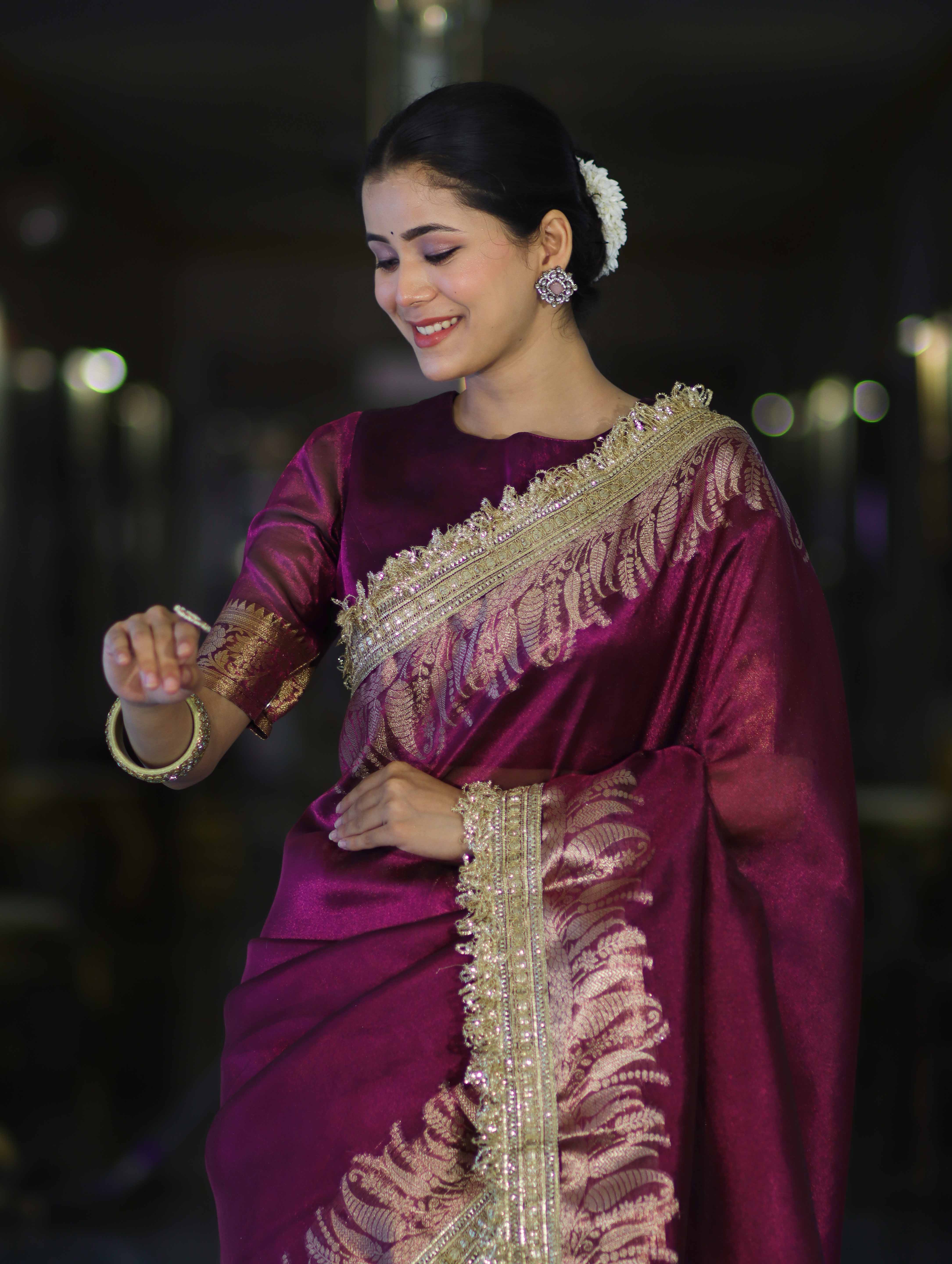 Banarasee Handloom Plain Tissue Saree With Zari Border & Lace-Purple