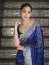 Banarasee Tissue Hand Embroidered Mirror Work Saree With Pearl Motifs & Swarovski Work-Blue