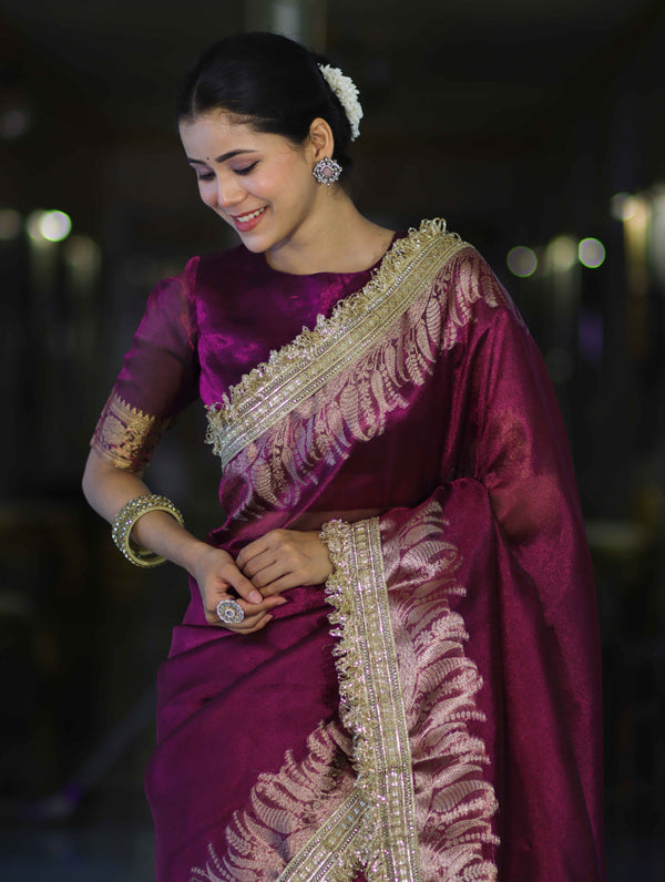 Banarasee Handloom Plain Tissue Saree With Zari Border & Lace-Purple