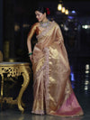 Banarasee Handwoven Tissue Saree With Zari Checks Design Broad Border & Lace-Peachy Pink
