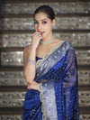 Banarasee Tissue Hand Embroidered Mirror Work Saree With Pearl Motifs & Swarovski Work-Blue