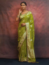 Banarasee Handwoven Semi Silk Saree With Zari Border & Lace-Henna Green