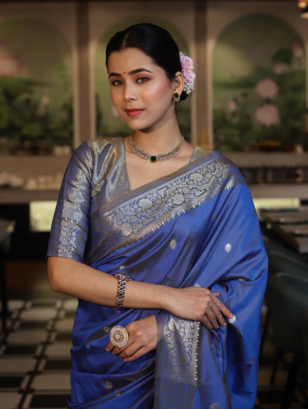 Banarasee Handloom Dual Shade Semi Silk Saree With Zari Buti Work & Border-Blue