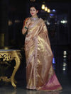Banarasee Handwoven Tissue Saree With Zari Checks Design Broad Border & Lace-Peachy Pink