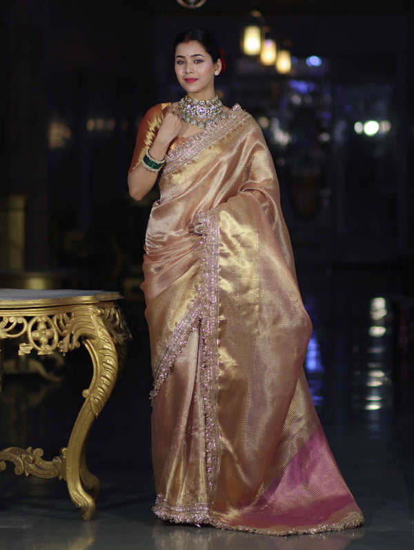 Banarasee Handwoven Tissue Saree With Zari Checks Design Broad Border & Lace-Peachy Pink