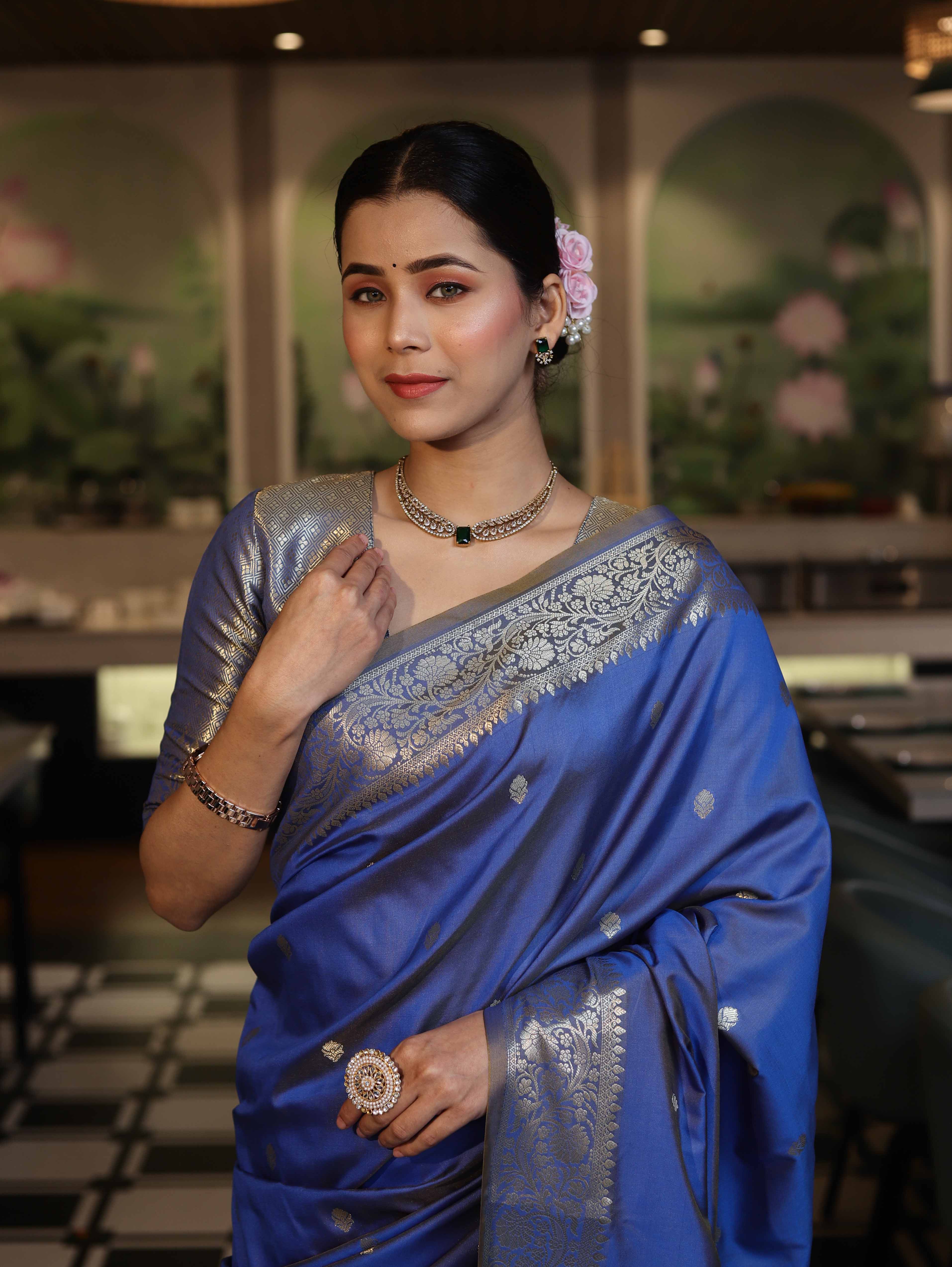 Banarasee Handloom Dual Shade Semi Silk Saree With Zari Buti Work & Border-Blue