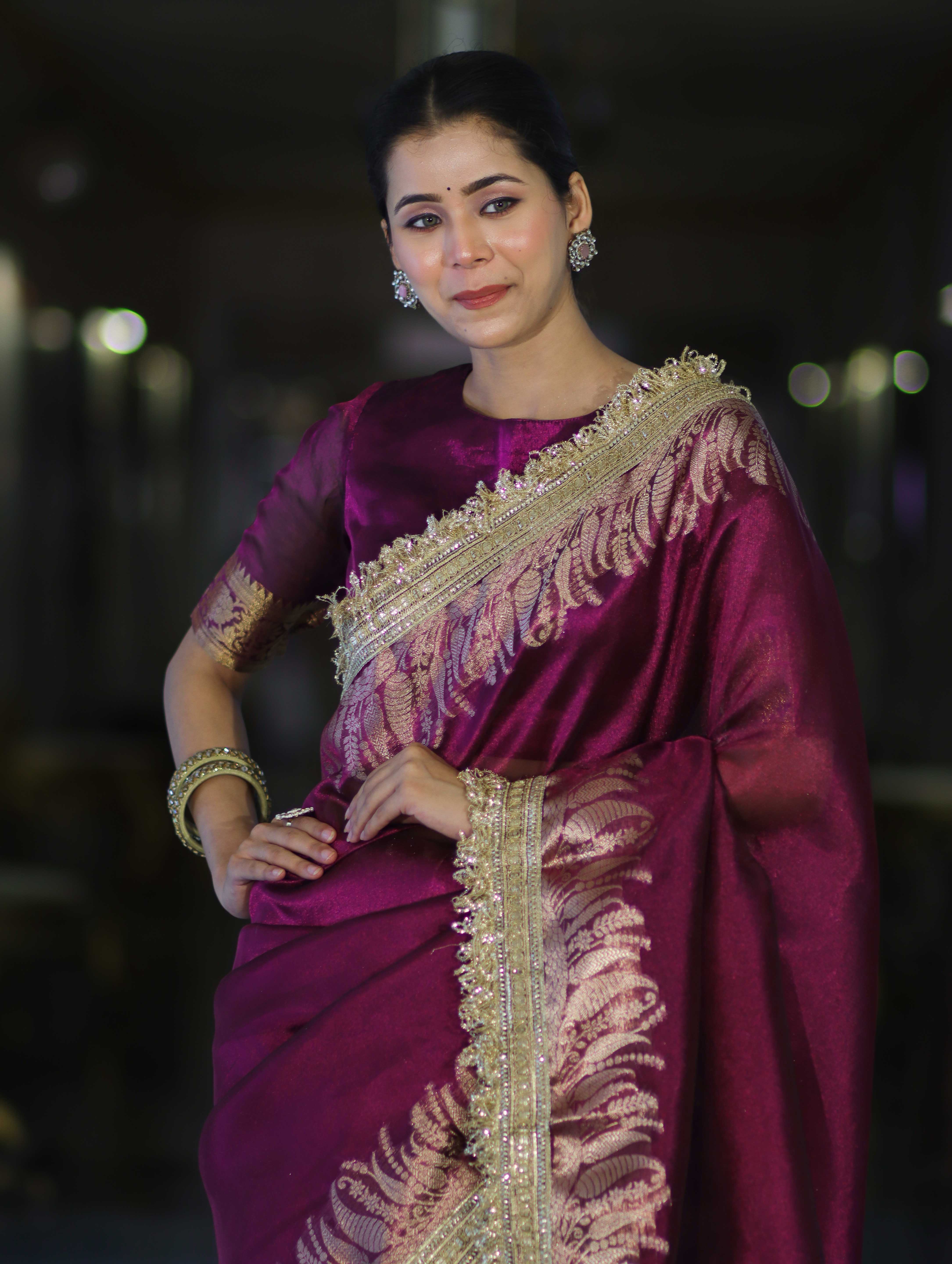 Banarasee Handloom Plain Tissue Saree With Zari Border & Lace-Purple