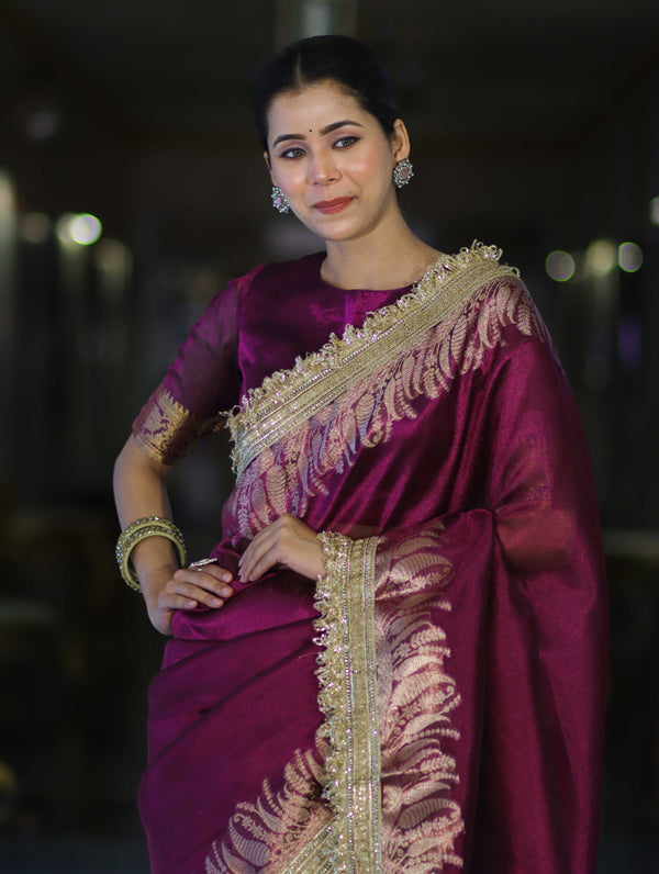 Banarasee Handloom Plain Tissue Saree With Zari Border & Lace-Purple