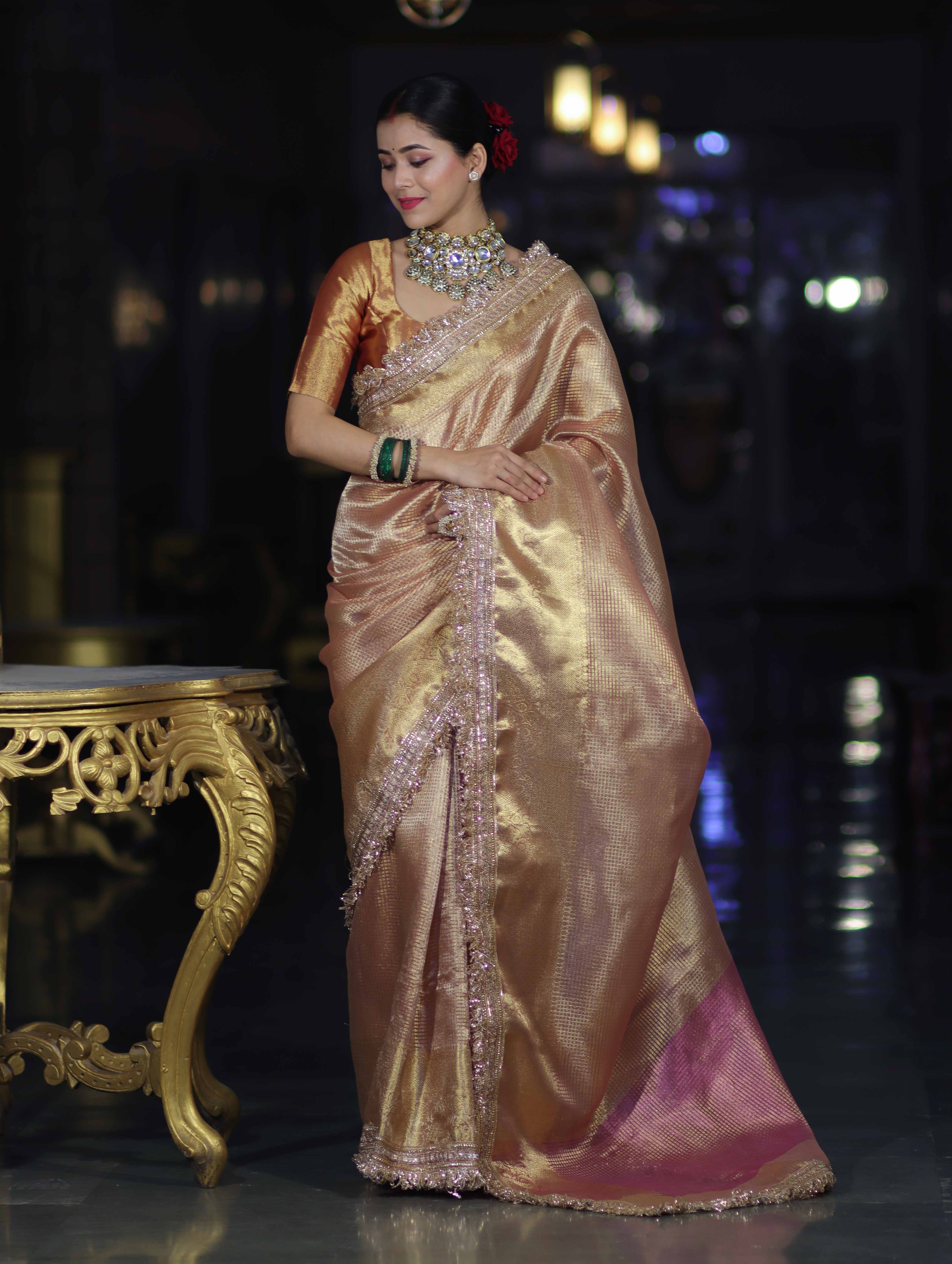 Banarasee Handwoven Tissue Saree With Zari Checks Design Broad Border & Lace-Peachy Pink