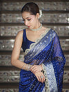 Banarasee Tissue Hand Embroidered Mirror Work Saree With Pearl Motifs & Swarovski Work-Blue
