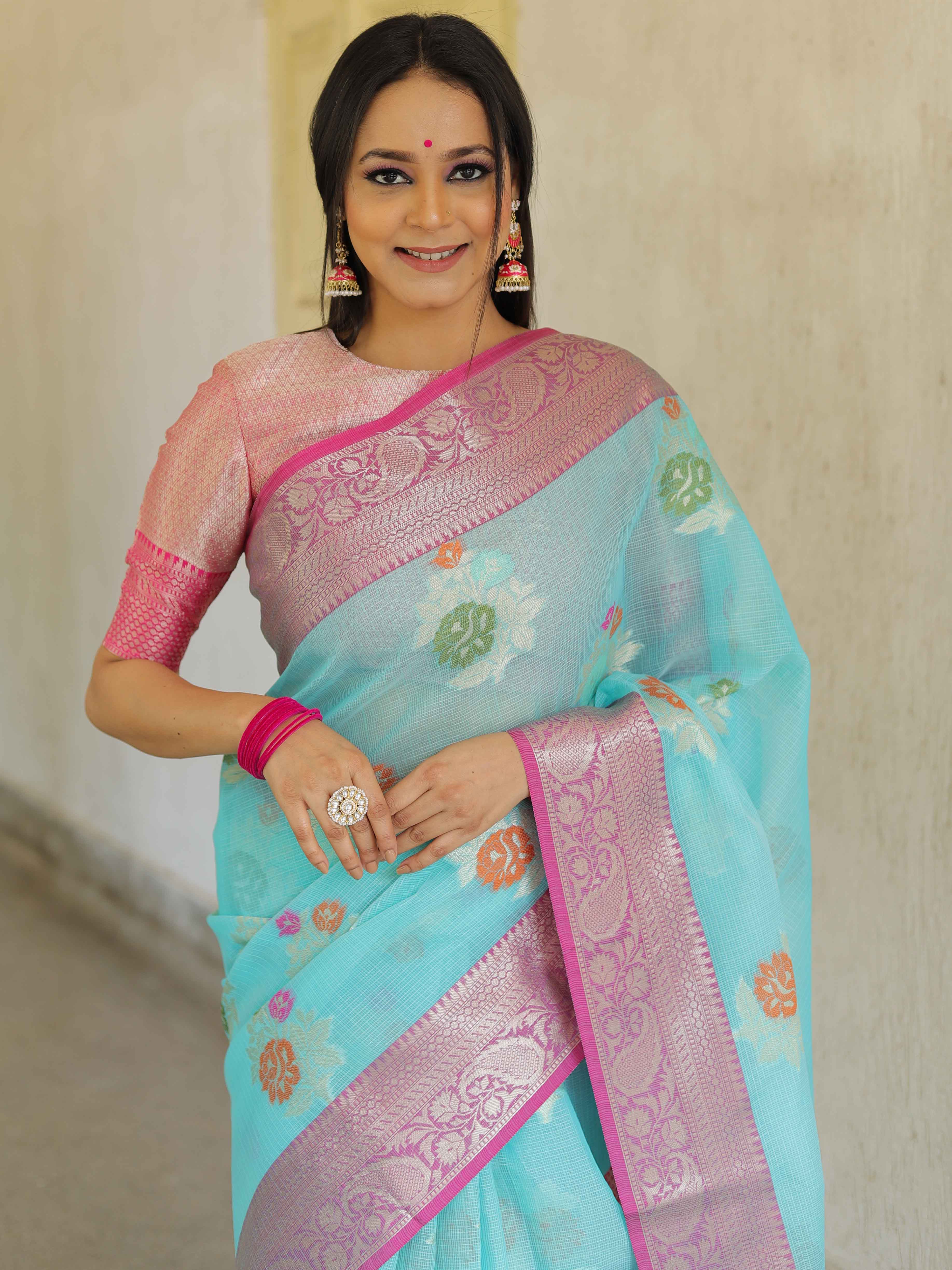 Banarasee Kota Checks Saree With Floral Buta & Border Design-Blue & Pink