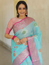 Banarasee Kota Checks Saree With Floral Buta & Border Design-Blue & Pink