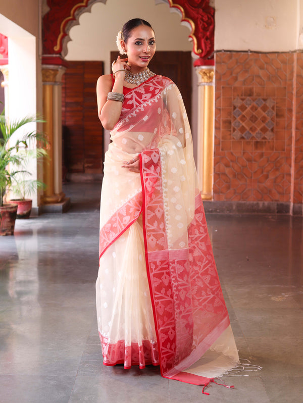 Banarasee Organza Mix Saree With Silver Zari Buti Design & Contrast Border-Cream & Red