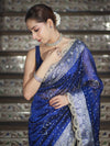 Banarasee Tissue Hand Embroidered Mirror Work Saree With Pearl Motifs & Swarovski Work-Blue
