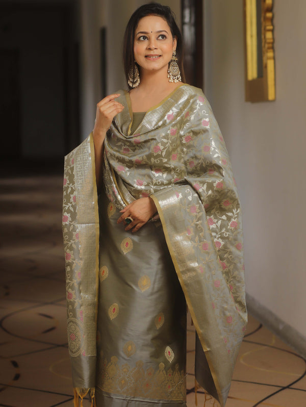 Banarasee Salwar Kameez Semi Katan Silk Fabric With Dupatta-Grey