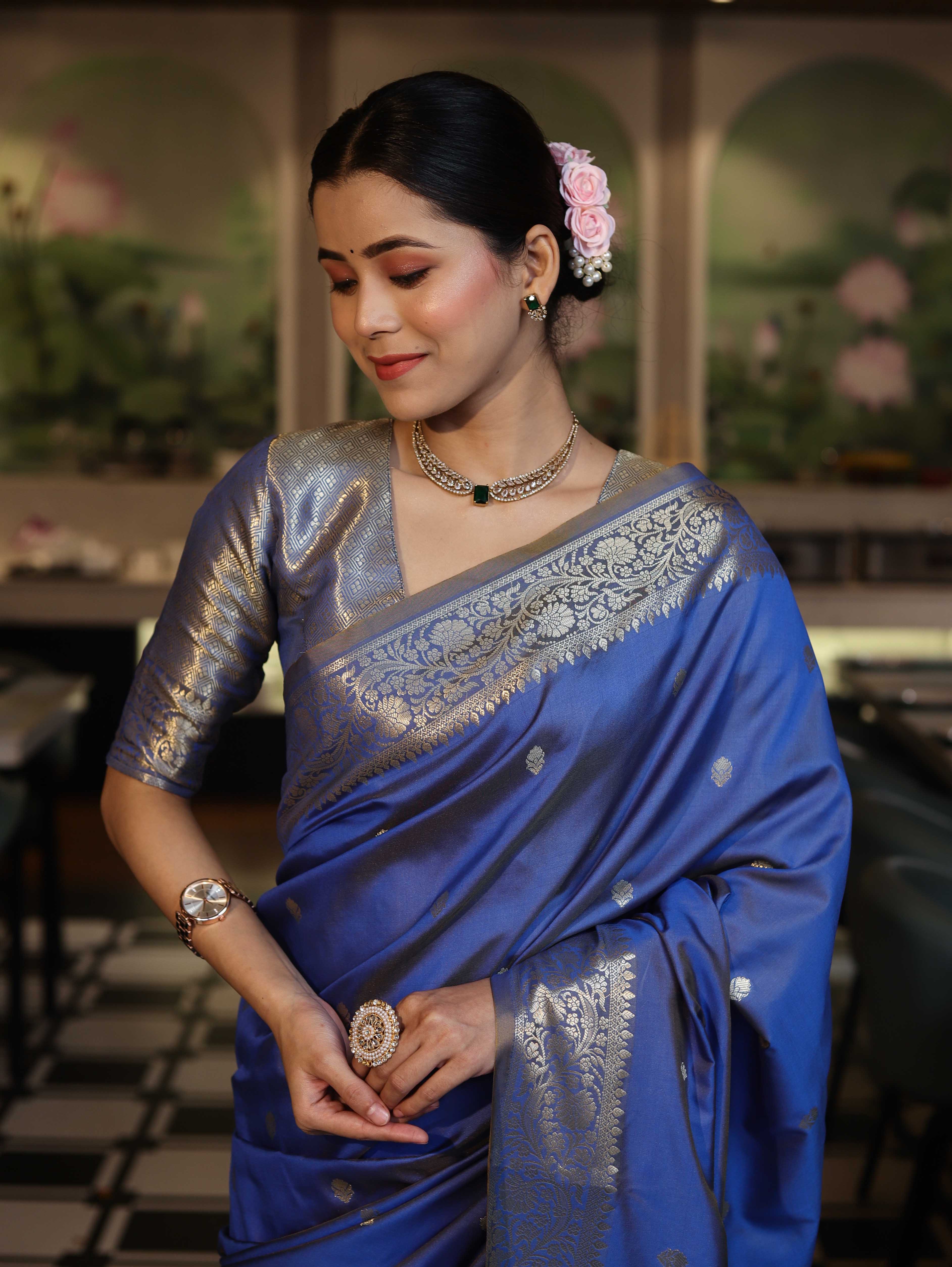 Banarasee Handloom Dual Shade Semi Silk Saree With Zari Buti Work & Border-Blue
