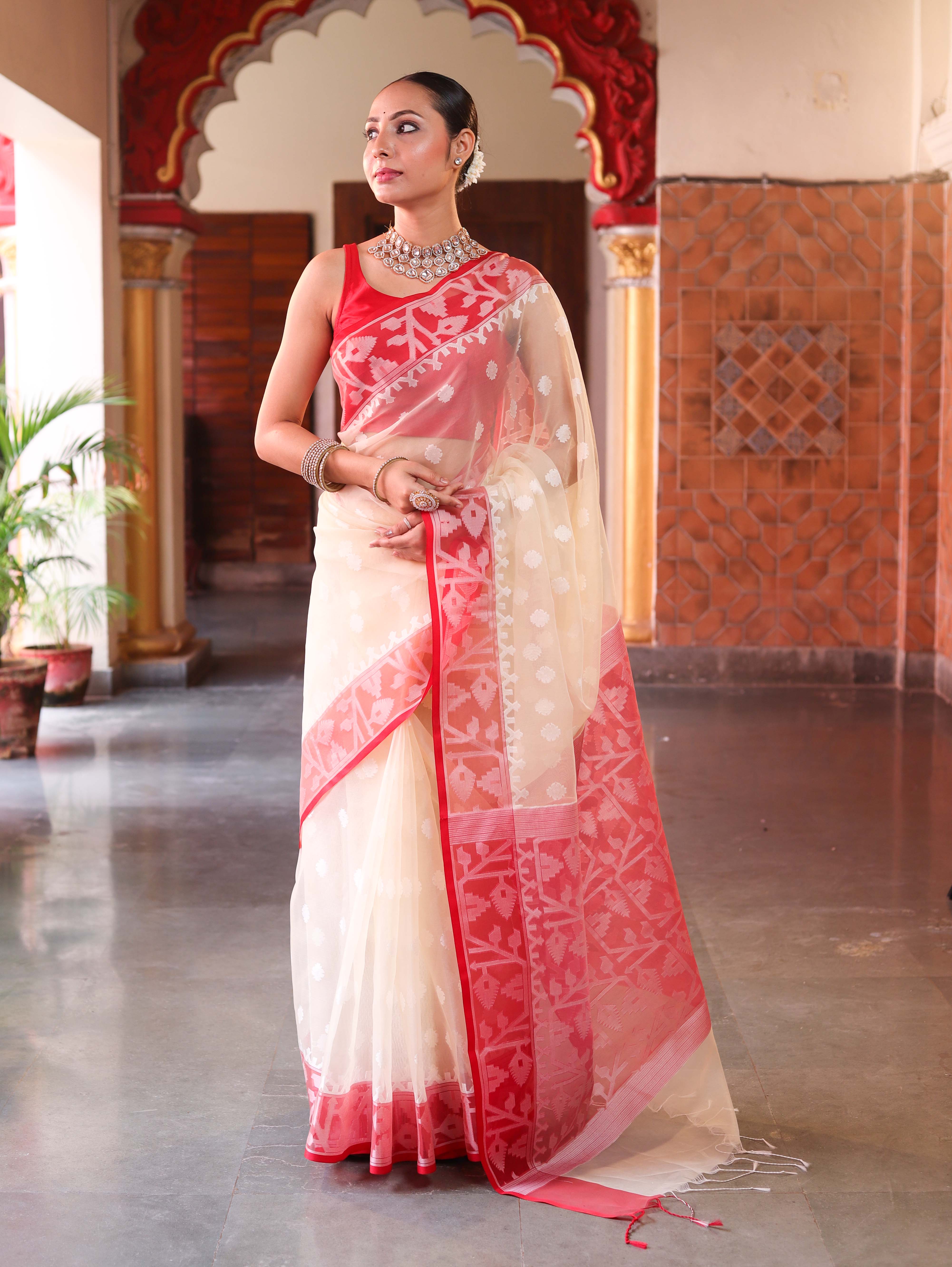 Banarasee Organza Mix Saree With Silver Zari Buti Design & Contrast Border-Cream & Red