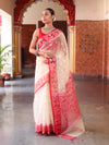 Banarasee Organza Mix Saree With Silver Zari Buti Design & Contrast Border-Cream & Red