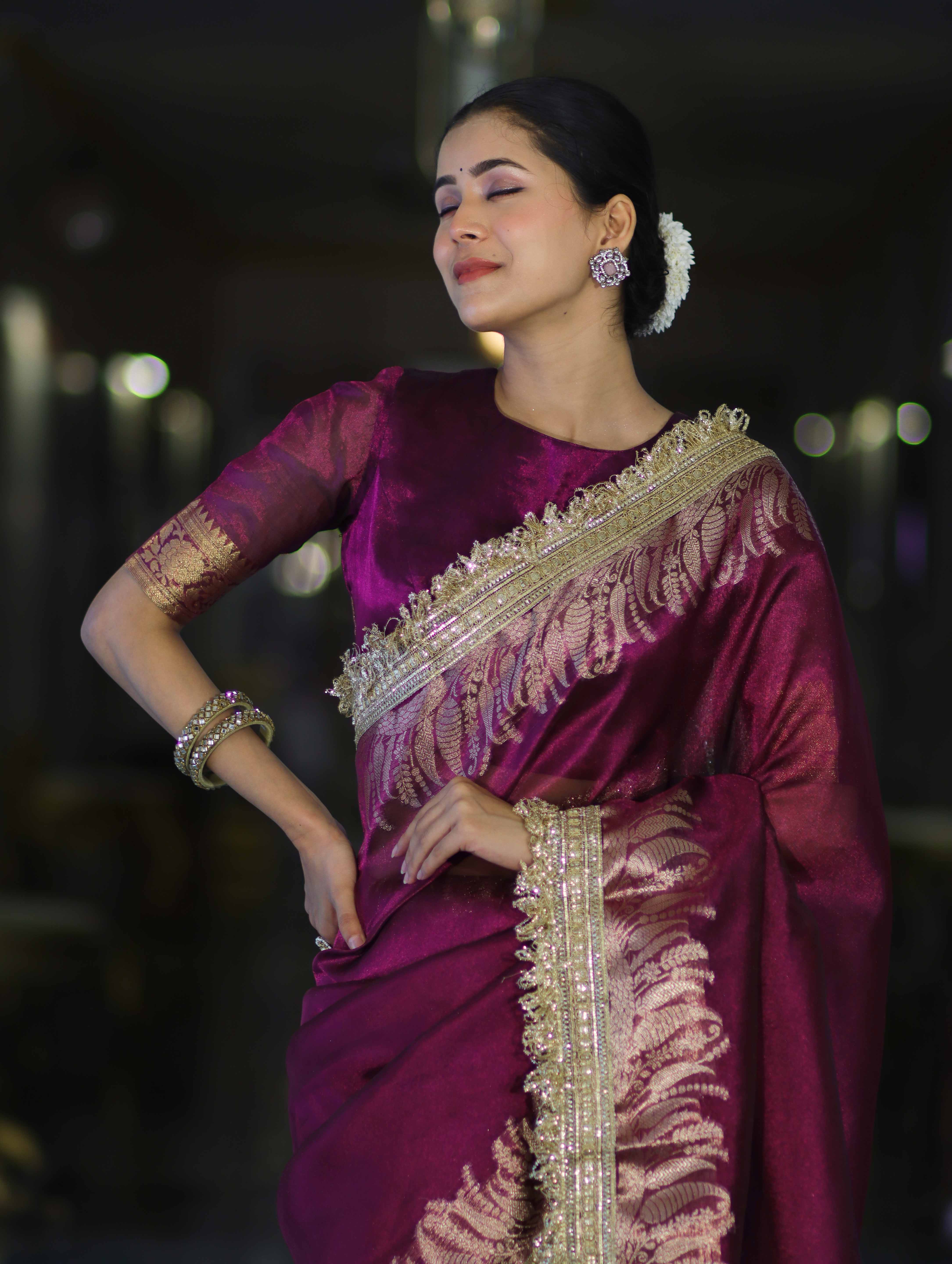 Banarasee Handloom Plain Tissue Saree With Zari Border & Lace-Purple