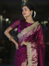 Banarasee Handloom Plain Tissue Saree With Zari Border & Lace-Purple