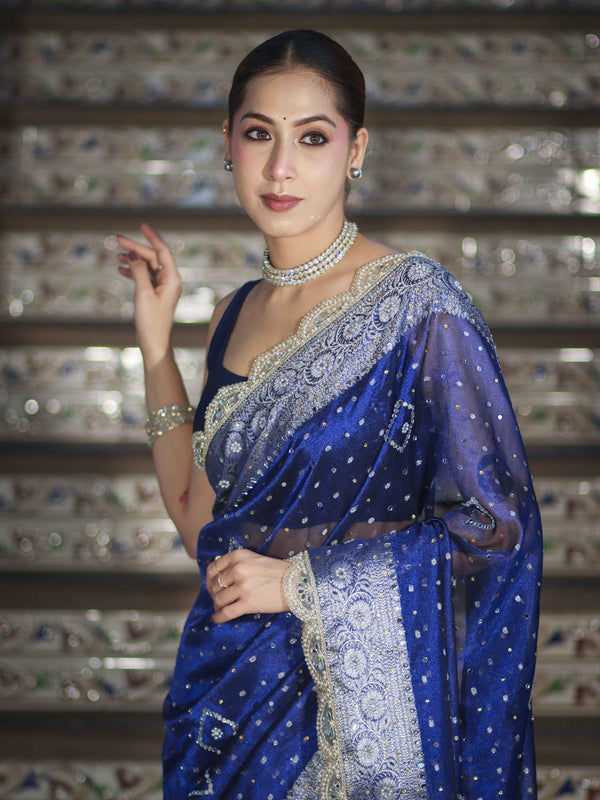 Banarasee Tissue Hand Embroidered Mirror Work Saree With Pearl Motifs & Swarovski Work-Blue