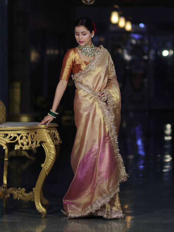 Banarasee Handwoven Tissue Saree With Zari Checks Design Broad Border & Lace-Peachy Pink