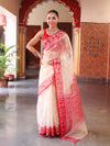 Banarasee Organza Mix Saree With Silver Zari Buti Design & Contrast Border-Cream & Red