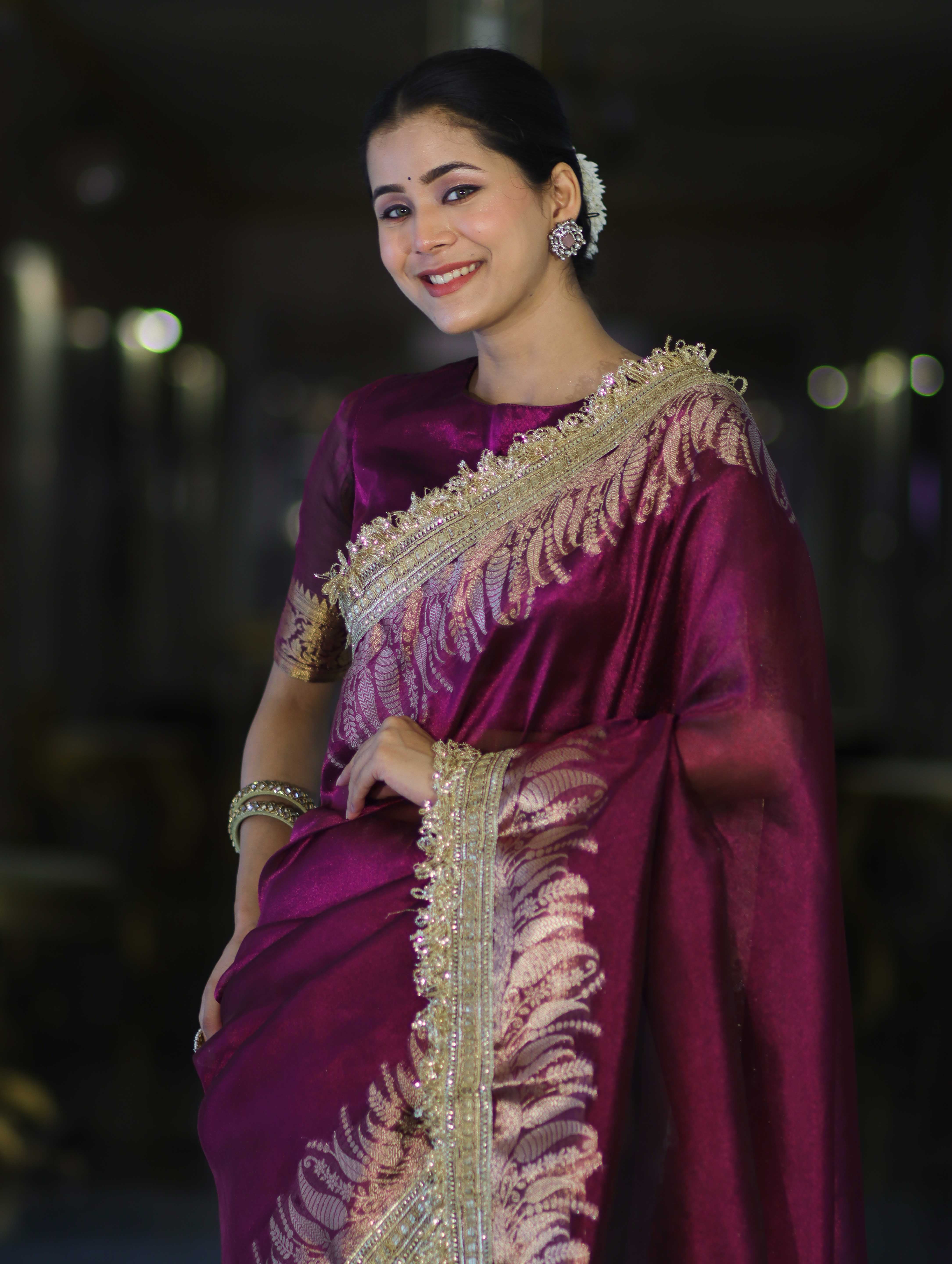 Banarasee Handloom Plain Tissue Saree With Zari Border & Lace-Purple