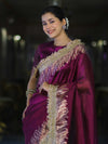 Banarasee Handloom Plain Tissue Saree With Zari Border & Lace-Purple