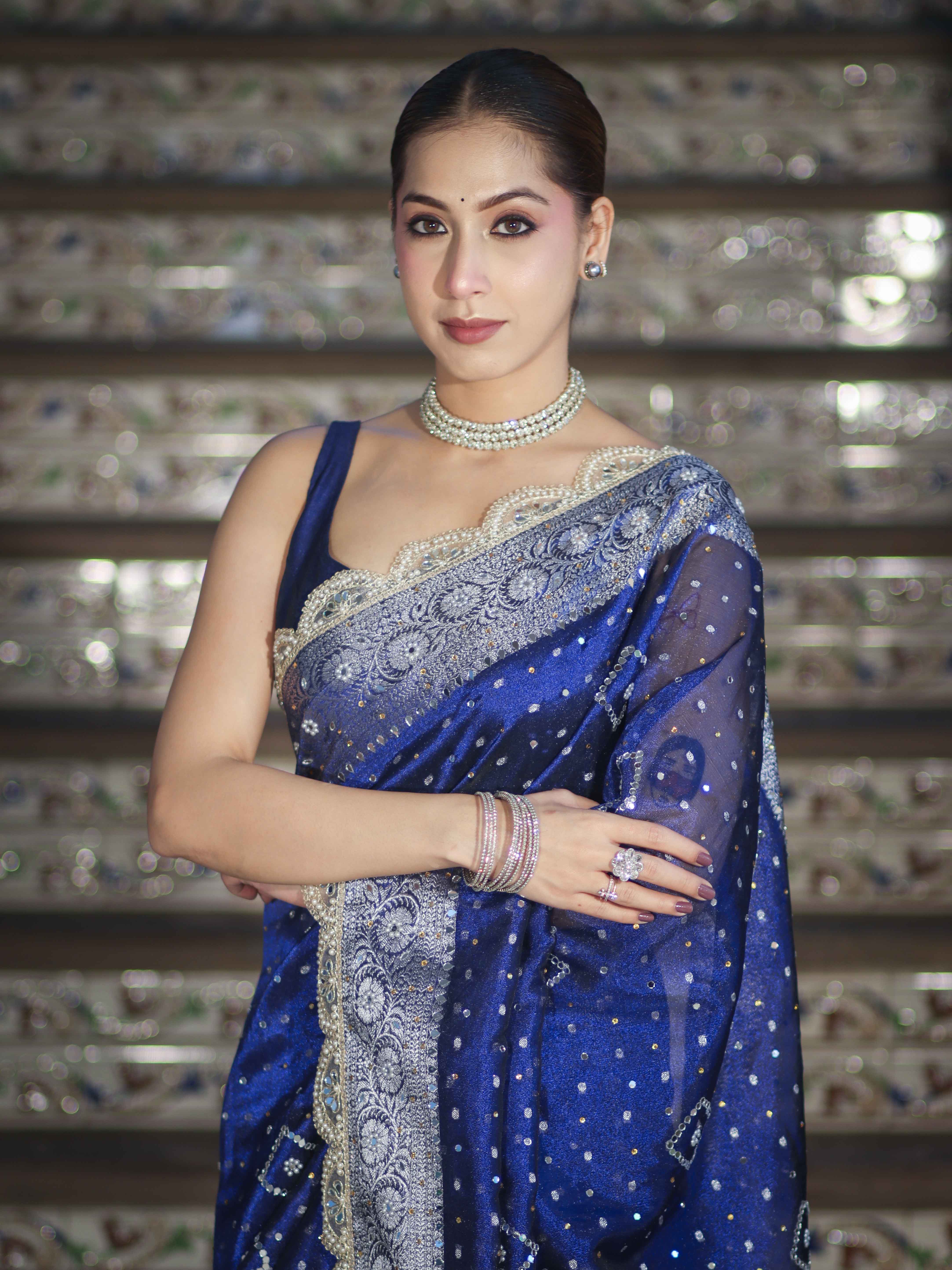 Banarasee Tissue Hand Embroidered Mirror Work Saree With Pearl Motifs & Swarovski Work-Blue