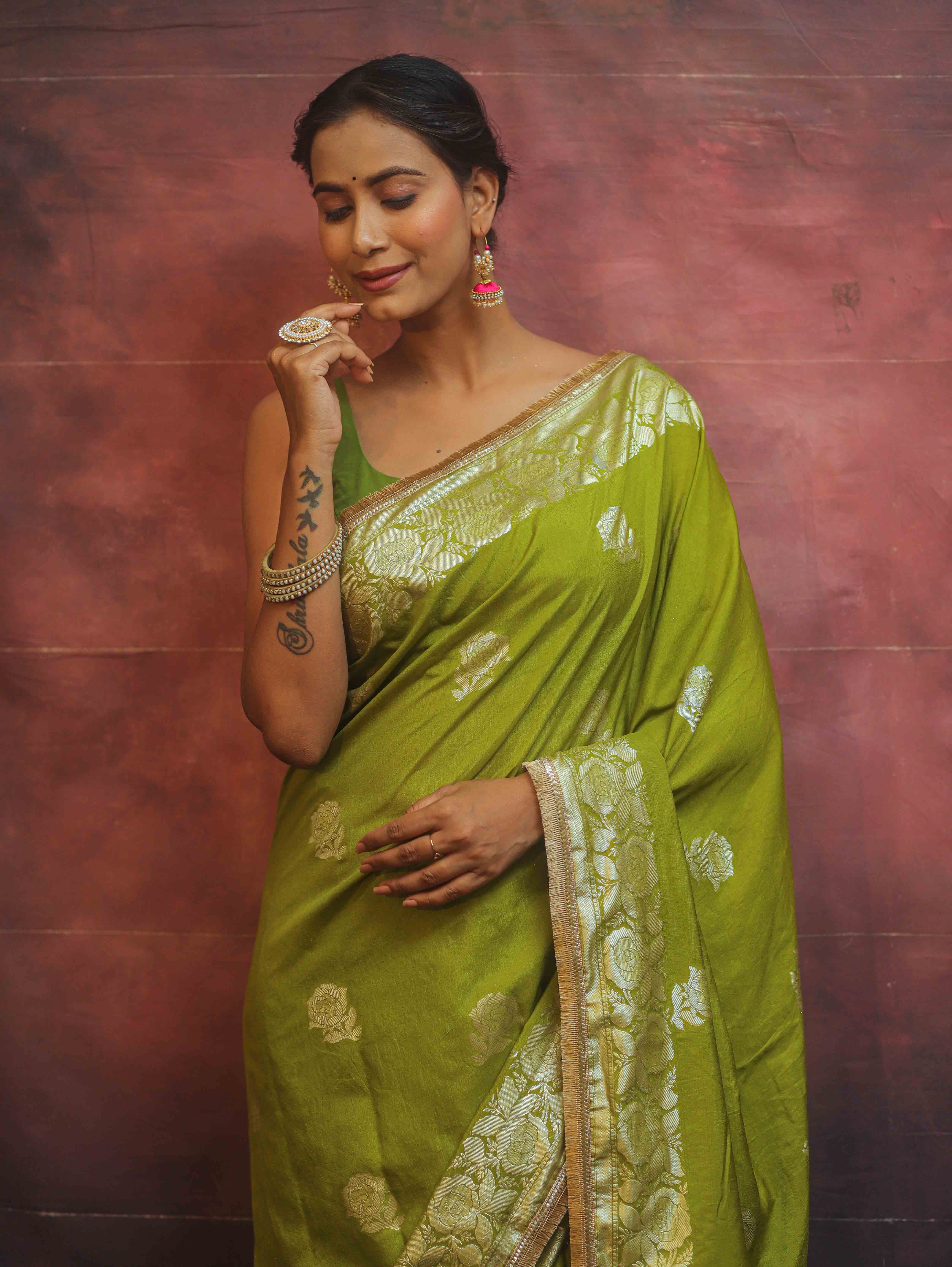 Banarasee Handwoven Semi Silk Saree With Zari Border & Lace-Henna Green