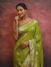 Banarasee Handwoven Semi Silk Saree With Zari Border & Lace-Henna Green