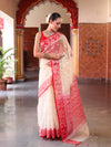 Banarasee Organza Mix Saree With Silver Zari Buti Design & Contrast Border-Cream & Red