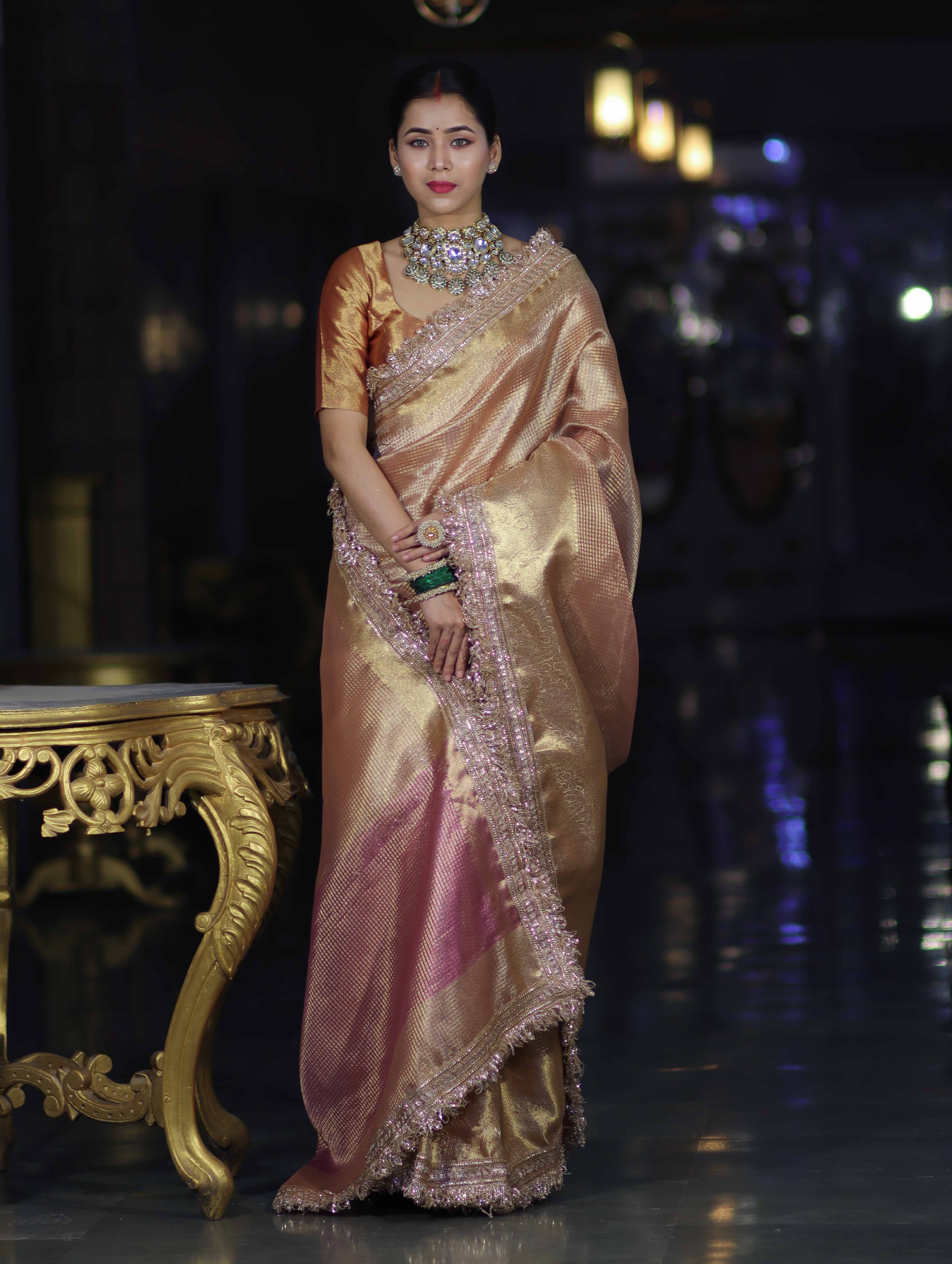 Banarasee Handwoven Tissue Saree With Zari Checks Design Broad Border & Lace-Peachy Pink