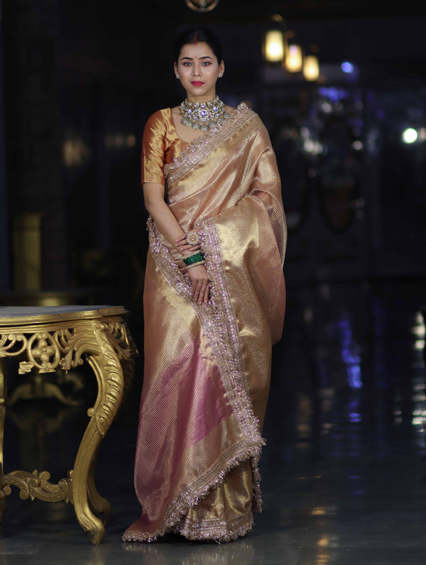 Banarasee Handwoven Tissue Saree With Zari Checks Design Broad Border & Lace-Peachy Pink